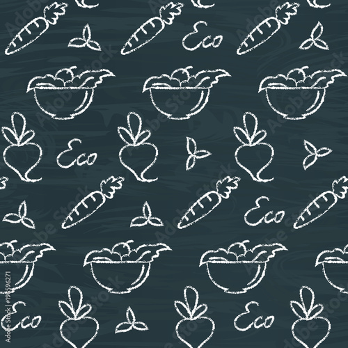 Chalkboard seamless pattern with eco food symbols