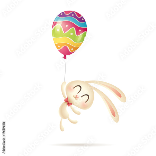 Easter bunny flies up with a painted balloon.