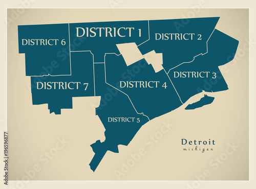 Modern City Map - Detroit Michigan city of the USA with districts and titles