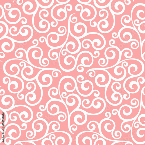 Wallpaper in the style of Baroque. A seamless vector background. White and pink floral ornament. Graphic vector pattern