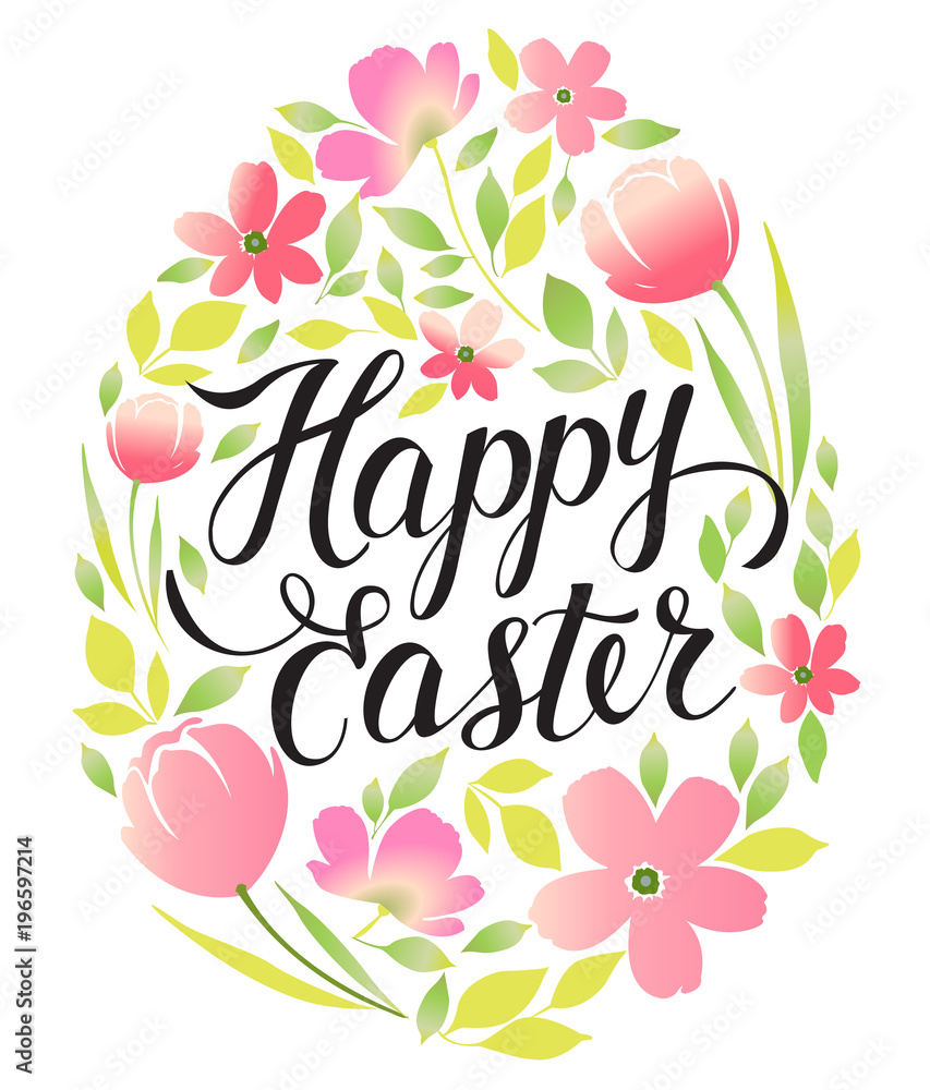 Fototapeta premium Decorative frame Happy Easter and floral elements. Easter eggs with ornaments in circle shape. Greeting card.