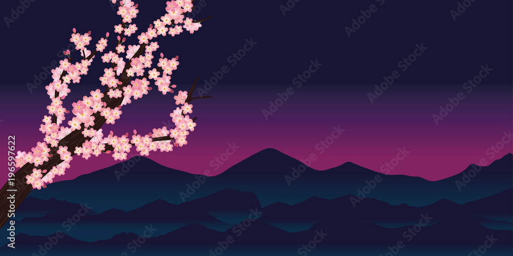 桜の木の背景 春のイメージの背景 夜 夜桜 飾り枠 サクラと風景イラスト 背景 Stock Vektorgrafik Adobe Stock