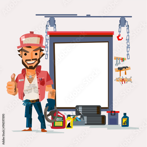 Truck driver with big truck. character design. trucker concept - vector illustration