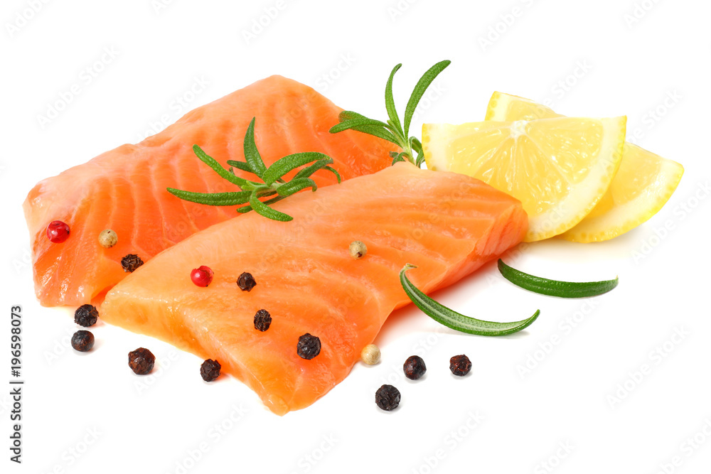 Red fish. Raw salmon fillet with rosemary isolate on white background Red fish. Raw salmon fillet with rosemary isolate on white background