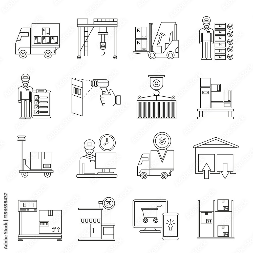 warehouse management and shipping icons, line icons warehouse management and shipping icons, line icons