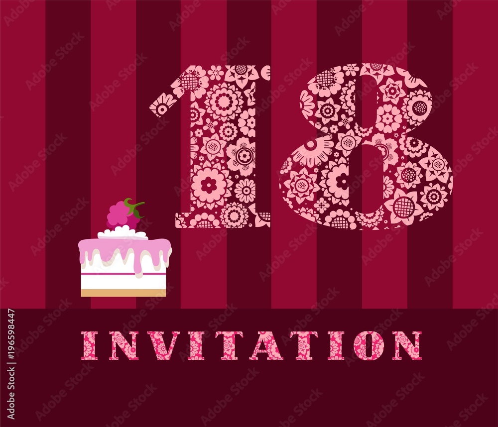 Invitation, 18 years old, cake, color, vector. The invitation to the