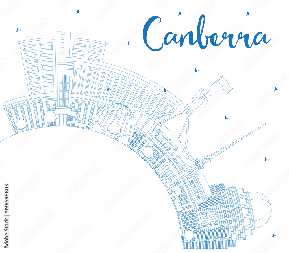 Outline Canberra Australia City Skyline with Blue Buildings and Copy Space.
