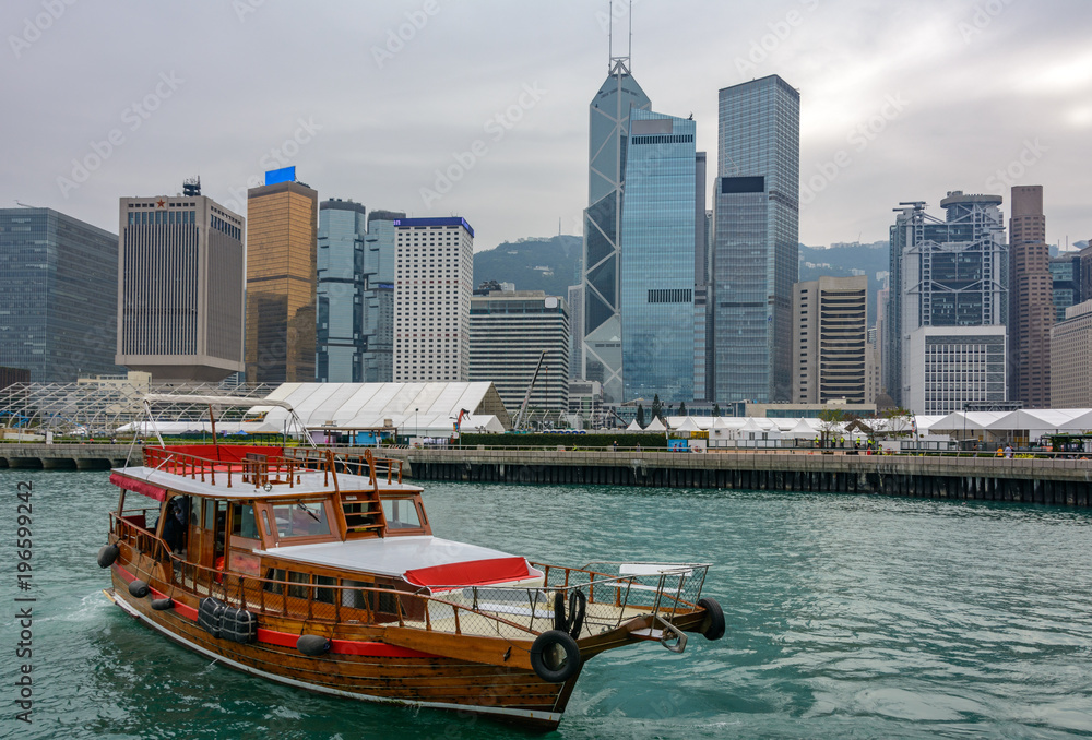 Old boat on Victoria Harbor, Hong Kong. 