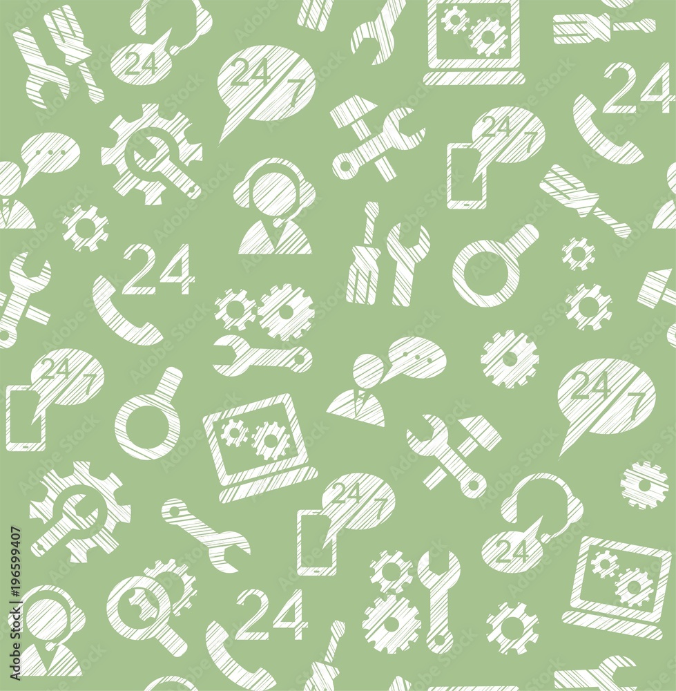 Technical support, repair, assistance, seamless pattern, green, pencil hatching, vector. Repair and maintenance of computers and home appliances. Monochrome background. Technical support, repair, assistance, seamless pattern, green, pencil hatching, vector. Repair and maintenance of computers and home appliances. Monochrome background.