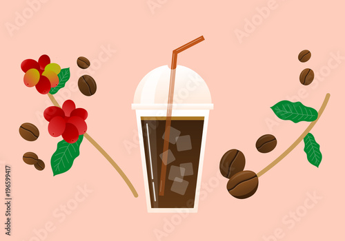 Ice coffee and coffee beans.