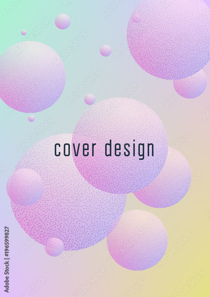 Fluid poster with round shapes and halftone dots texture. Gradient circles on holographic background. Modern template for covers, banners, flyers, presentations. Minimal fluid poster in neon colors.