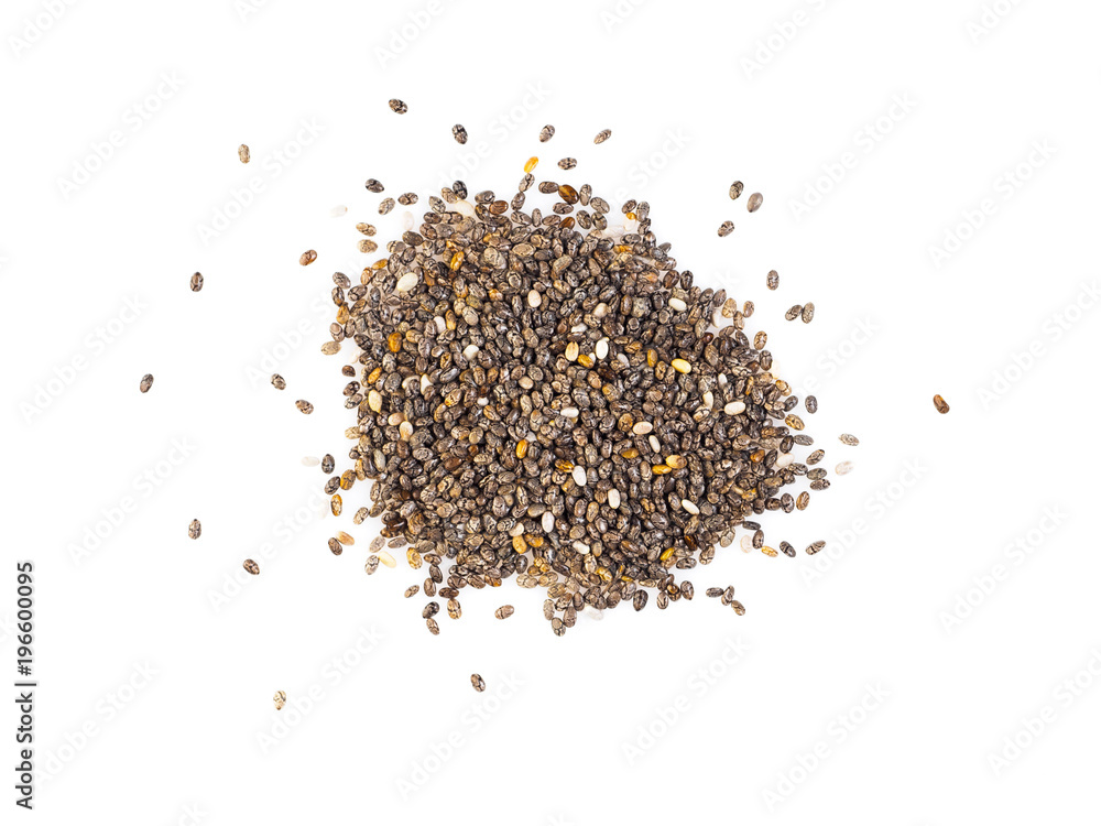 Chia seeds isolated on white background, top view, close-up Chia seeds isolated on white background, top view, close-up