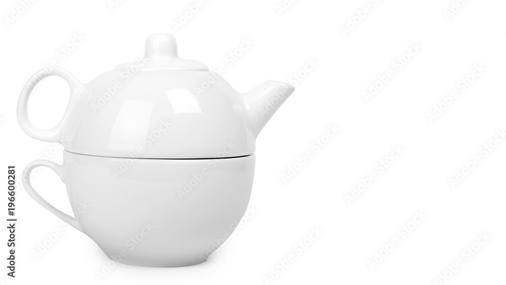 white ceramic kettle or teapot with cup. Isolated on white background. copy space, template white ceramic kettle or teapot with cup. Isolated on white background. copy space, template