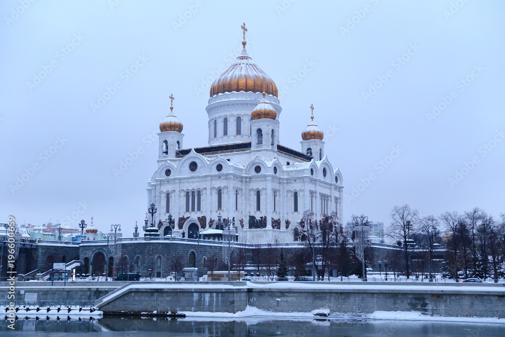 Facade of Cathedral of Christ the Saviour in Moscow in the winter morning.