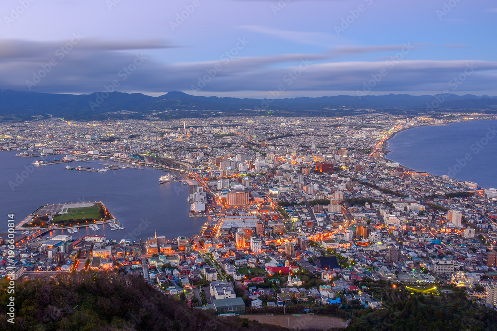 Aerial view of Hakodate from the top of Mount Hakodate before sunset. Hakodate, Japan.