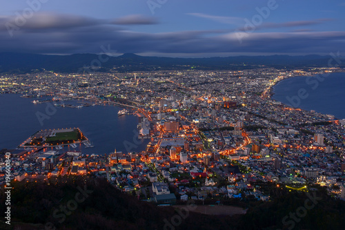 Aerial view of Hakodate at twilight view from the top of Mount Hakodate in autumn, Hakodate, Japan.