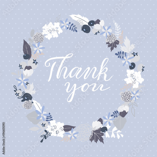 Thank You greeting card with floral wreath and lettering, floral frame on dark blue background