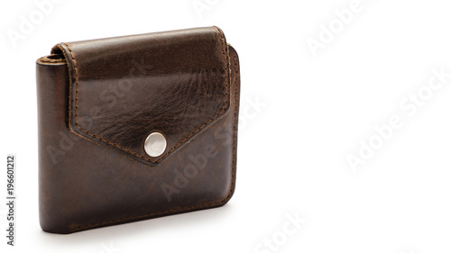 brown leather wallet. Isolated on white background. copy space, template.