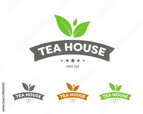Set of vector logos with ribbons and leaves for a tea house, shop or company.