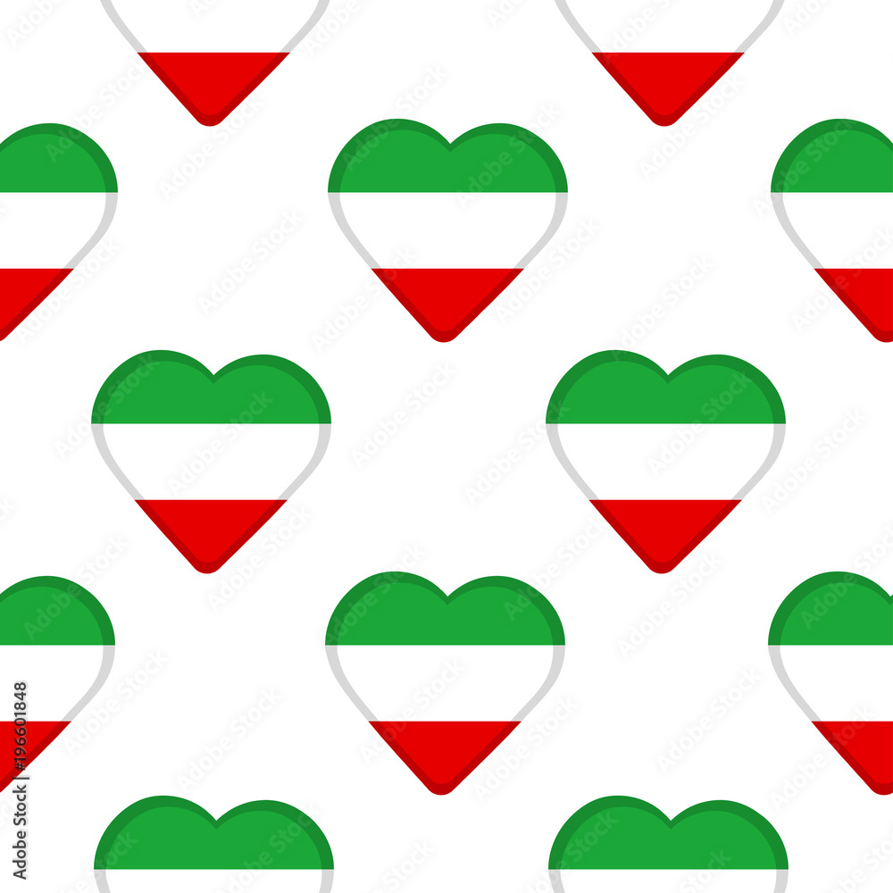 Seamless pattern from the hearts with flag colors of Iran.