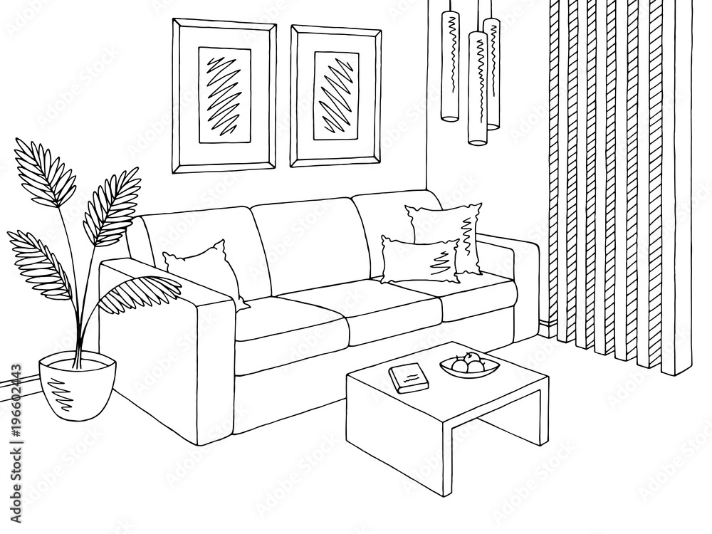 Living room graphic black white sofa interior sketch illustration vector Living room graphic black white sofa interior sketch illustration vector