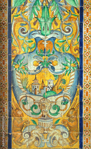 Azulejo, painted tin-glazed ceramic tilework in the Royal Palace (Real Alcazar) - Seville, Andalusia, Spain