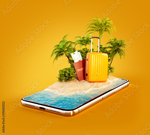 Unusual 3d illustration of a tropical island with palm trees, suitcase and pa...