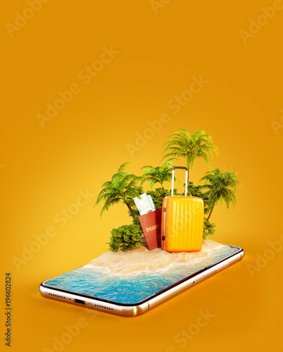 Unusual 3d illustration of a tropical island with palm trees, suitcase and pa...