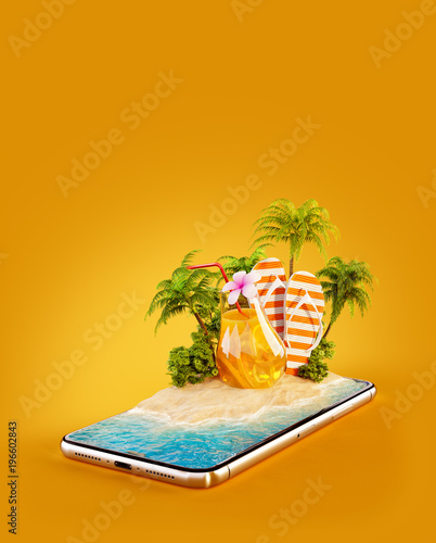 Unusual 3d illustration of a tropical island with palm trees, fresh juice and...