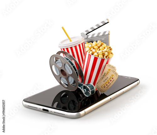 Smartphone application for online buying and booking cinema tickets. Isolated unusual 3D illustration of popcorn, cinema reel, disposable cup, clapper and tickets on smarthone