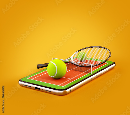 Unusual 3d illustration of a tennis ball and racket on court on a smartphone screen. Watching tennis and betting online concept