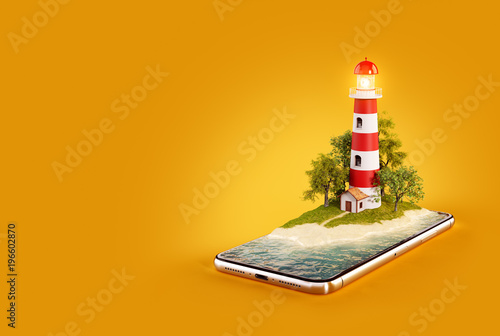 Unusual 3d illustration of a Lighthouse on a smartphone screen. Travel and va...