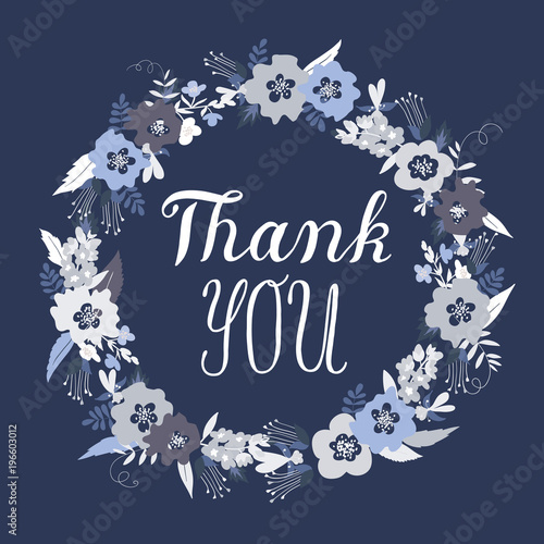 Thank You greeting card with floral wreath and lettering, floral frame on dark blue background