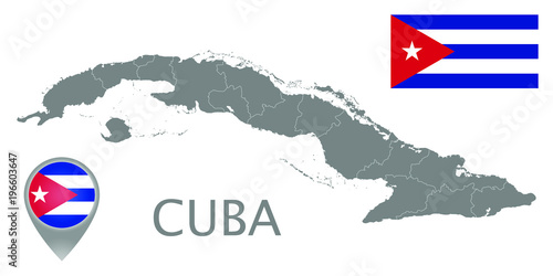 Colorful flag, map pointer and gray map of Cuba with the administrative divisions. High detail. Vector illustration