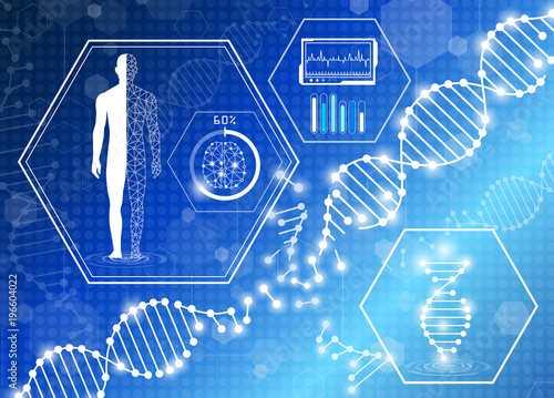 abstract background technology concept in blue light,brain and human body heal ,technology modern medical science in future and global international medical with tests analysis clone DNA human