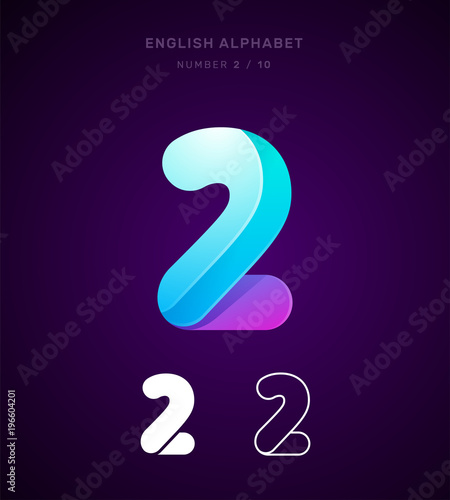 Vector origami alphabet. Number 2 (two) logo template. Material design, flat, line, glossy, twisted style