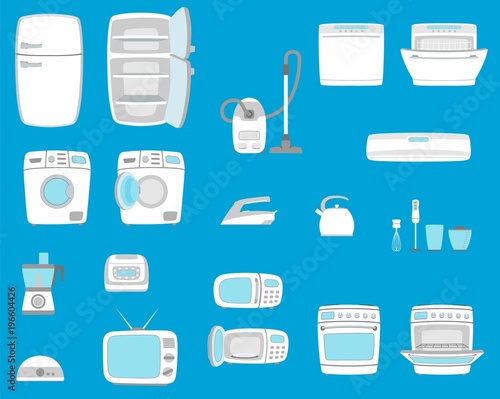 Household appliances set. Home technics. TV, refrigerator, conditioner, dishwasher, oven, kettle, iron, multicooker, blender mixer vacuum cleaner washing machine microwave toster Vector illustratoin