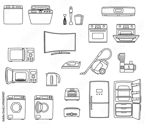Household appliances set. Home technics. TV, refrigerator, conditioner, dishwasher, oven, kettle, iron, multicooker, blender mixer vacuum cleaner washing machine microwave toster Vector illustratoin