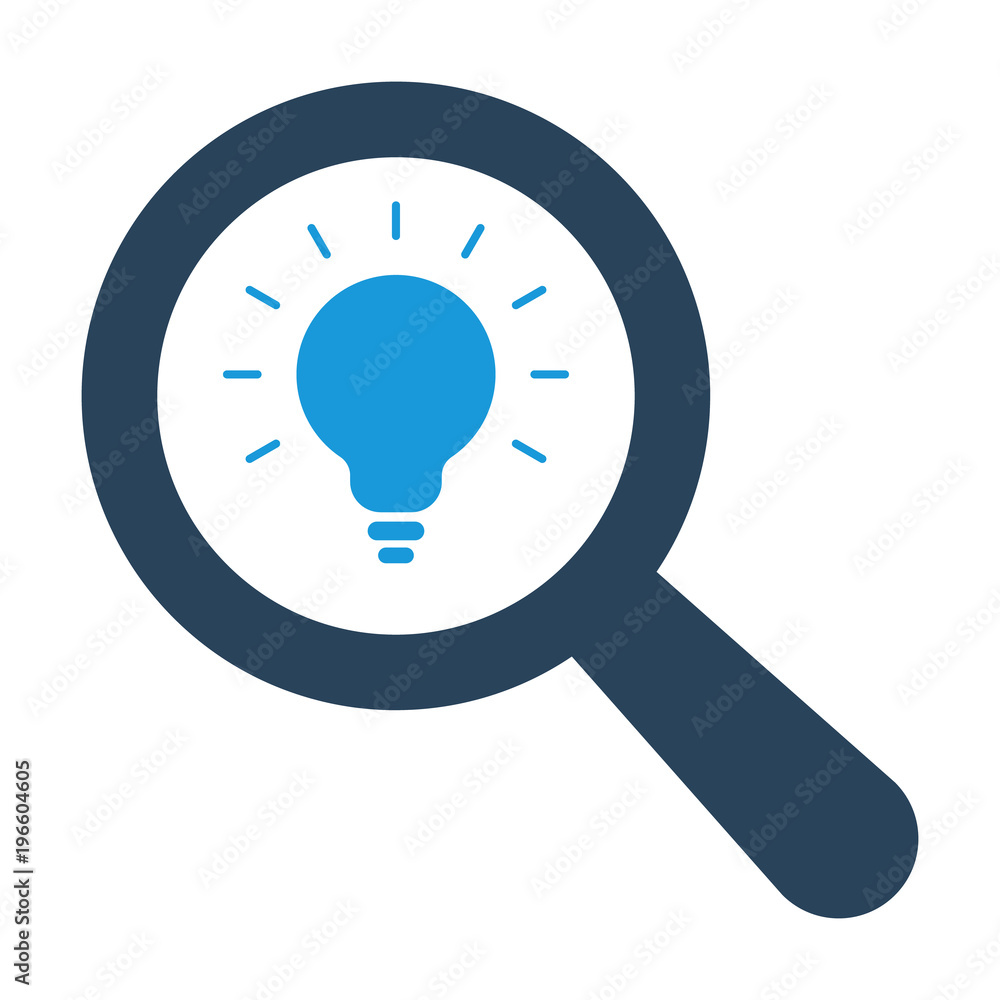 Magnifying optical glass with Light Bulb icon on white background Magnifying optical glass with Light Bulb icon on white background