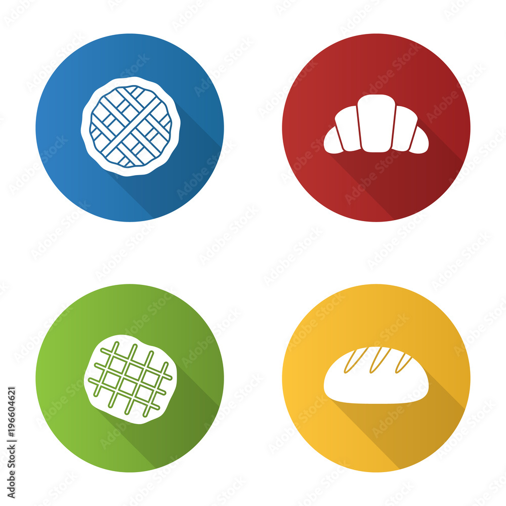 Bakery flat design long shadow glyph icons set Bakery flat design long shadow glyph icons set