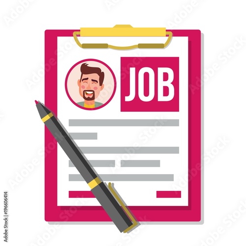 Form Job Application Vector. Business Document. Resume, Career. HR Human Resources Concept. Male Profile Photo. Pen. Top View. Hiring Employees. Flat Cartoon Illustration