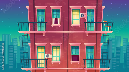 Vector residential multi-storey apartment at night, house outside concept, private building, sleeping quarters, bedroom suburb. Architecture in cartoon style