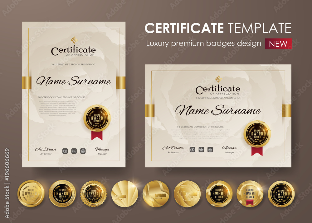 certificate template with modern pattern,diploma,Vector illustration and vector Luxury premium badges design,Set of retro vintage badges and labels. - obrazy, fototapety, plakaty 