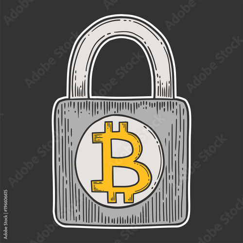 Bitcoin stock vector image, digital currency, cryptocurrency money, bitcoin symbol. Doodle and engraved style illustration, hand drawn, lock