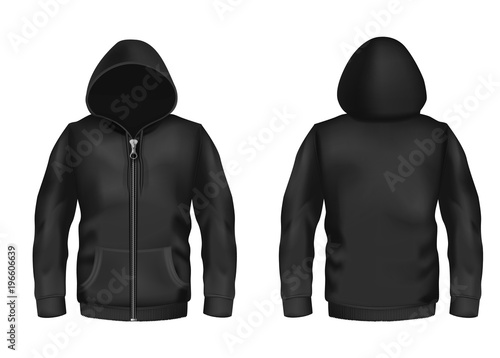 Vector realistic black hoodie with zipper, with long sleeves and pockets, casual unisex model, sportswear, sweatshirt with hood isolated on background. Mockup for clothes design, front and rear view