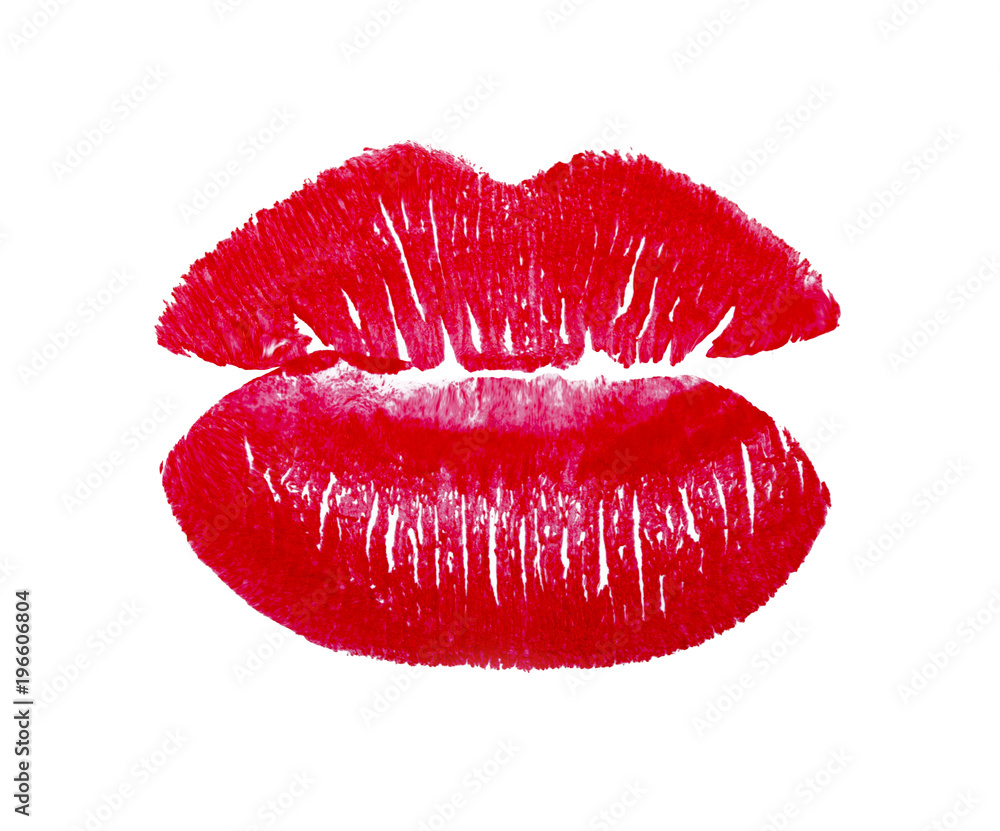 Red print of lips on white background. Lipstick. Beautiful red lips. Red print of lips on white background. Lipstick. Beautiful red lips.