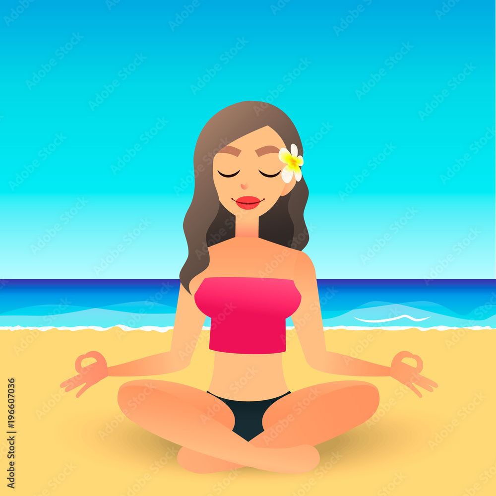 Cartoon young beautiful girl on beach practicing yoga. Flat vector women meditates and relaxes. Physical and spiritual therapy concept. Mind body spirit. Lady in lotus position