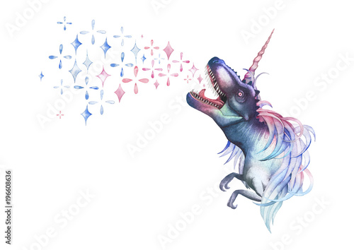 Watercolor tyrannosaurus with unicorn horn and mane. photo