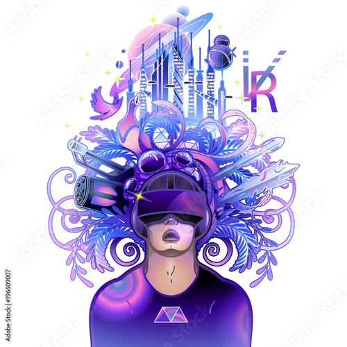 Graphic man wearing virtual reality headset