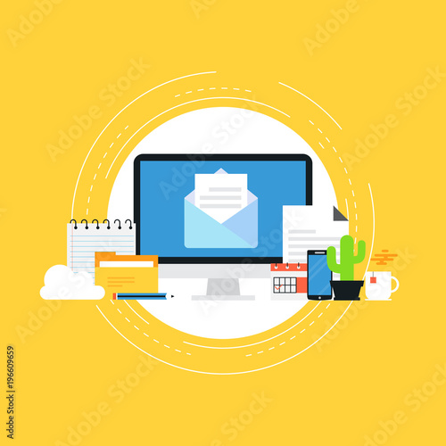 Online marketing, e-mail advertising, newsletter promotion, mailbox, inbox, subscriptions flat vector illustration design. Contact us design for web banners and apps
